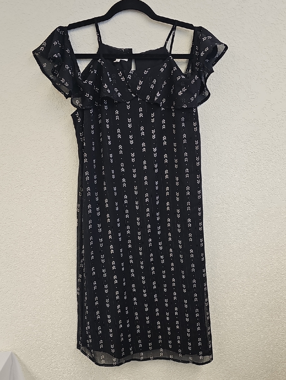 Maurices Black Lined Midi Dress with White Floral Print Ruffle Sleeve